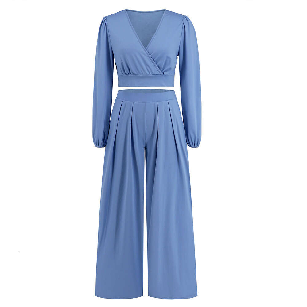 2024 Autumn/winter New Women's V-neck Long Sleeve Short Top+straight Leg Pants Two Piece Set Large