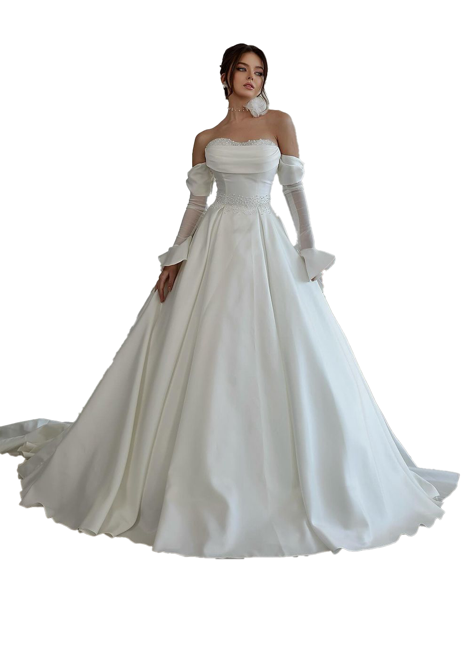 Elegant Plus Size A Line Wedding Dresses Strapless Tiered Satin Pearls Beaded Long Sleeves Sweep Train Beach Boho Bridal Gowns For Wedding Party Custo