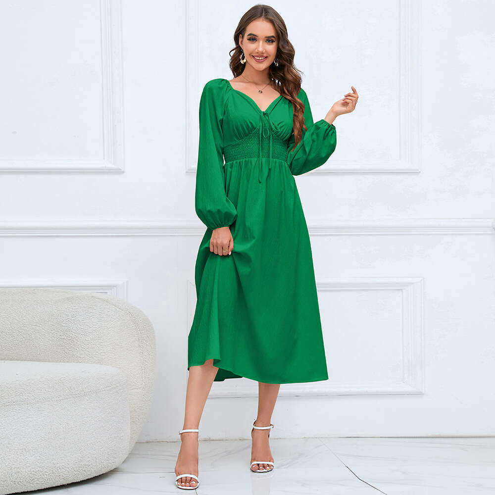 2024 New V-neck Slim Fit Temperament Sleeve Women's Long Dress Large