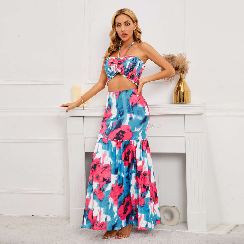 Sexy Bohemian Printed Dress with Cable Hanging Neck Top and Buttocks Wrapped Fishtail Skirt Two-piece Set for Women