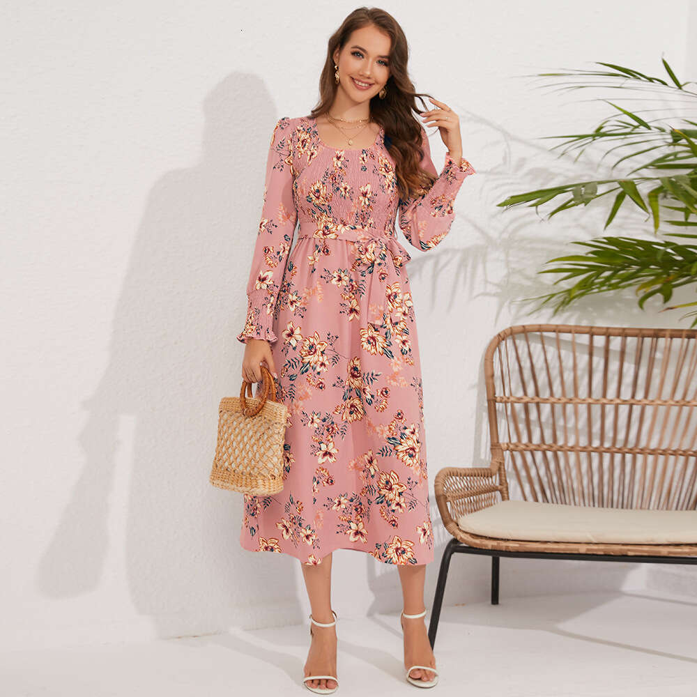 2024 New Women's Long Sleeved Cable Broken Flower Skirt Mid Length Round Neck Dress Oversized