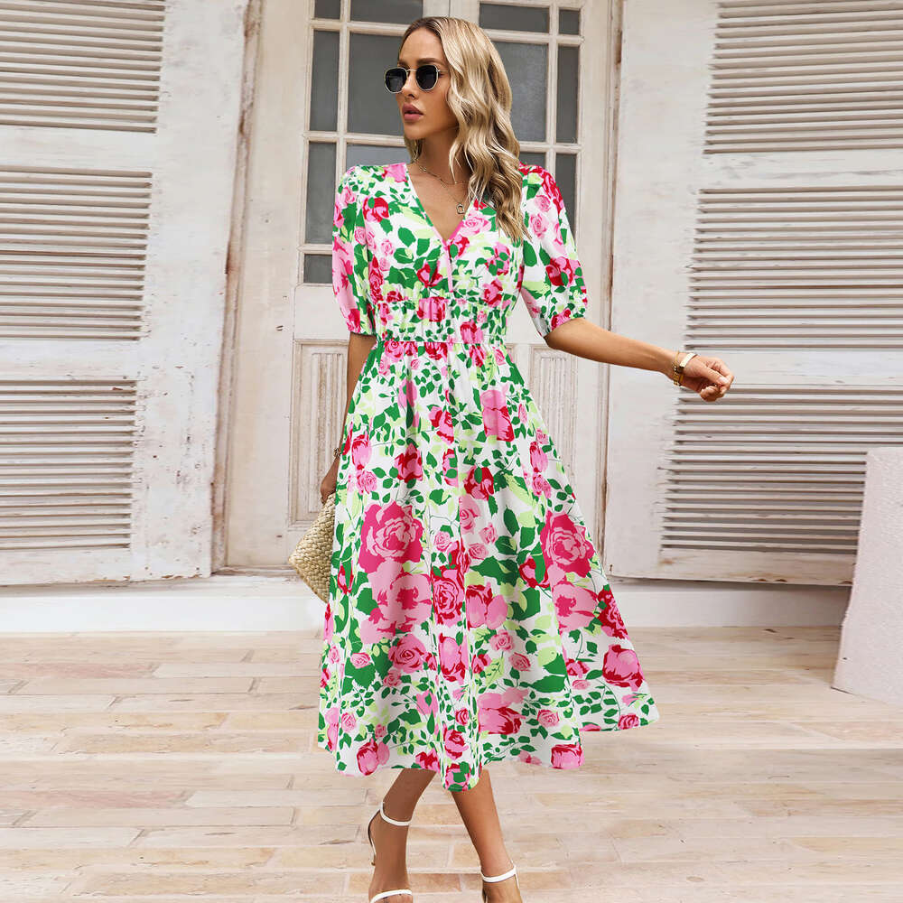 Summer Women's V-neck Bohemian Printed Dress A-line Skirt Temu