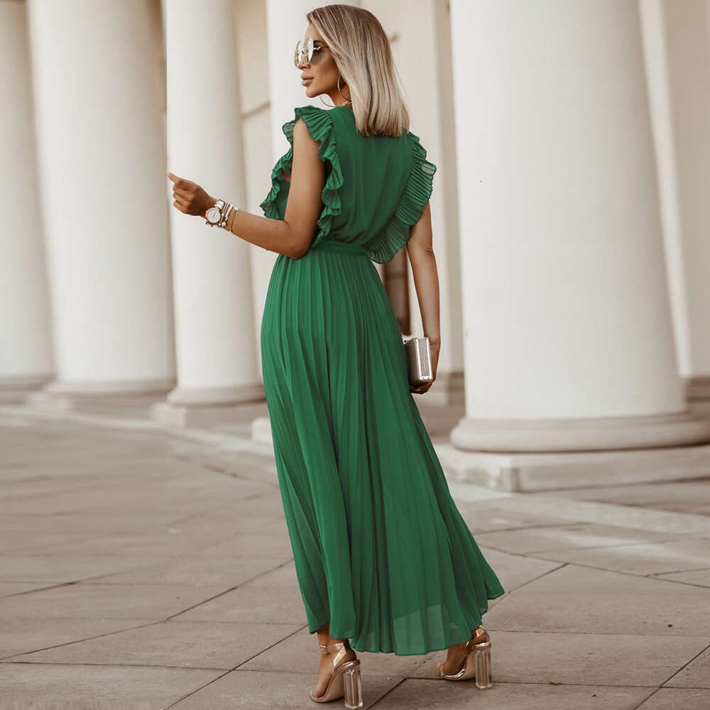 Temperament Beach Fashion Slim Fit Sexy Lotus Leaf Sleeves Chiffon Pleated Skirt Solid Color Dress