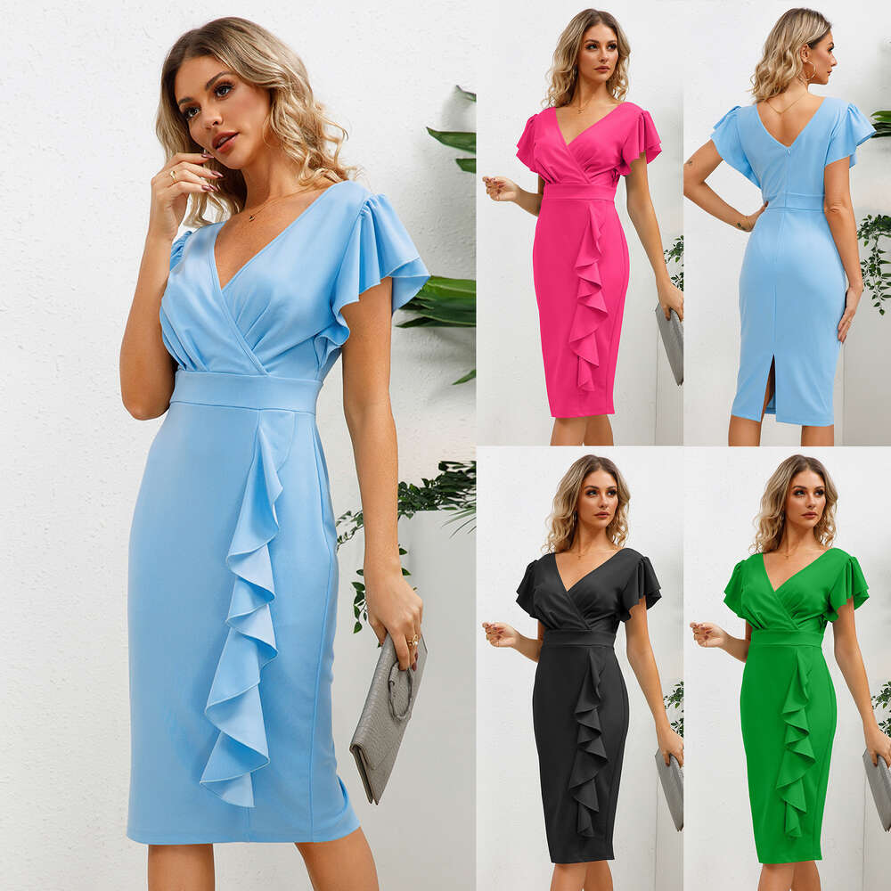 Professional Summer New Women's V-neck Ruffle Edge Slim Fit Style Dress