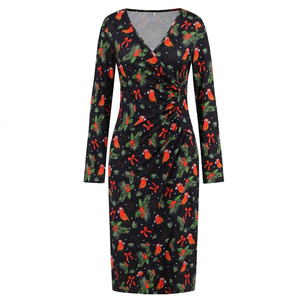 Christmas Printed V-neck Slimming Slim Fitting Dress for Autumn and Winter Women's Clothing in Large Sizes