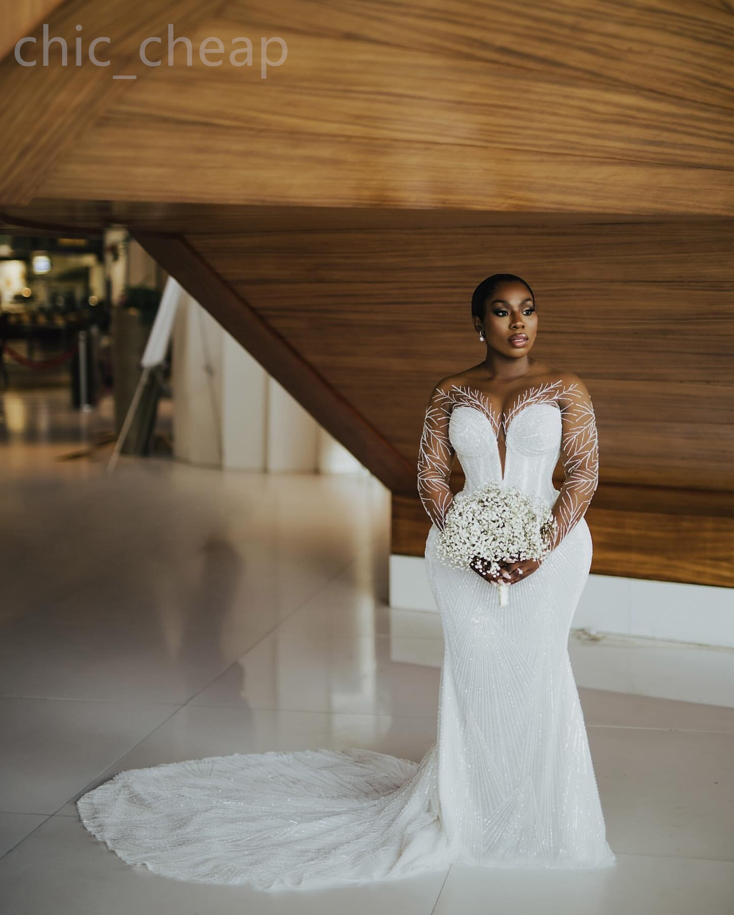 2024 Arabic Aso Ebi Plus Size White Mermaid Beaded Wedding Dress Sequined Lace Sheer Neck Bridal Gowns Dresses ZJ202