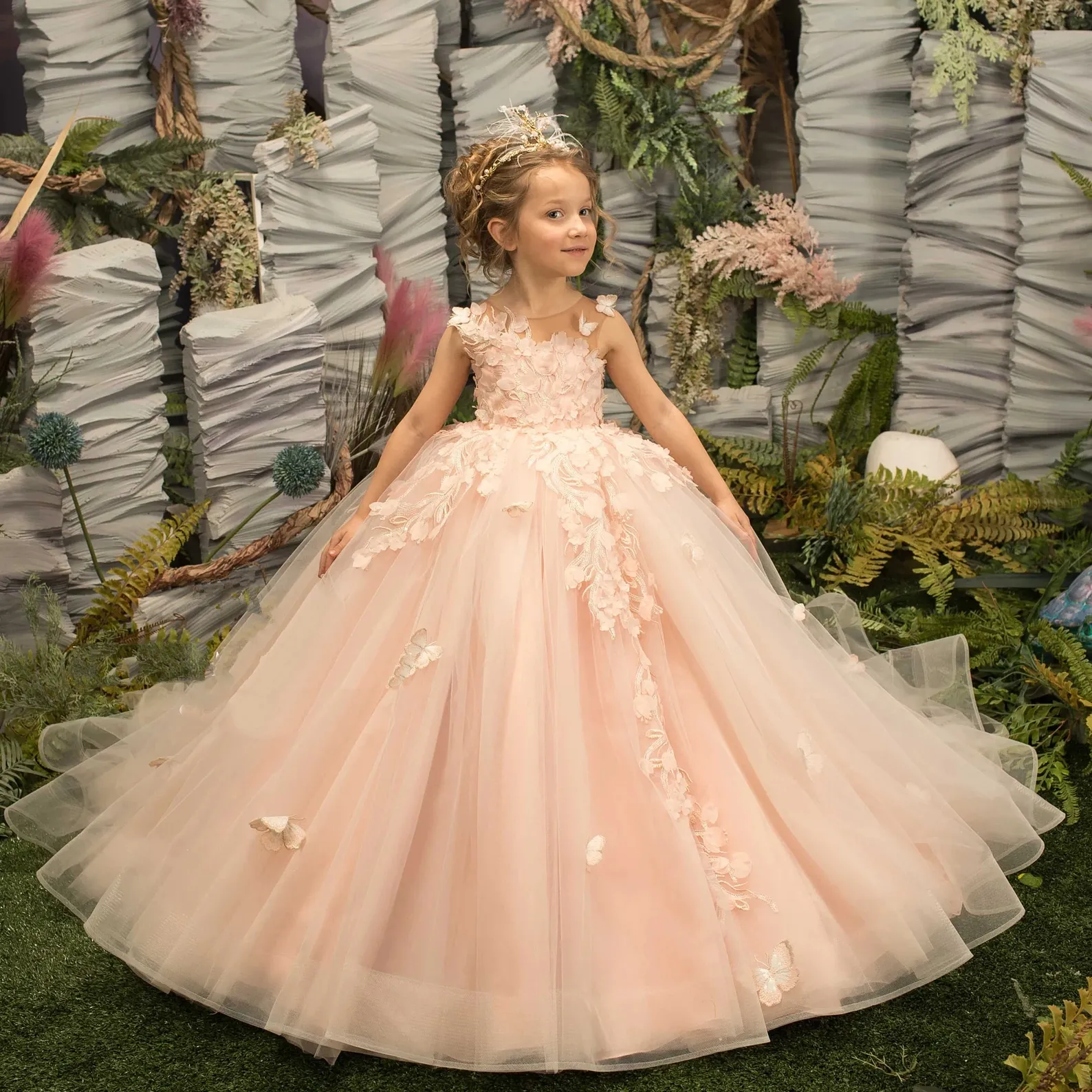 Peach Wer Girl Dress Lilac Ivory Tulle Lace Ballgown First Communion Gown Little Kid Infant Toddler Christening Baptism Junior Bridesmaid Wedding Gues
