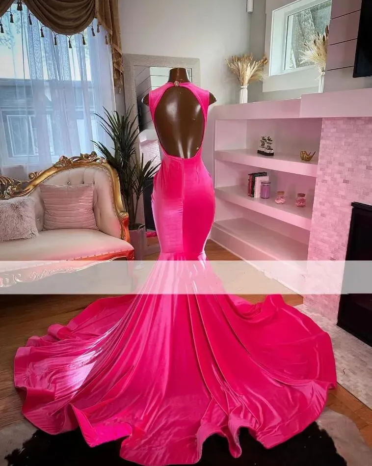 Dia Hot Pink Prom Dresses For Black Girls Veet Beads Rhies Party Gowns Mermaid Evening Dress Vestidos De Gala 0314