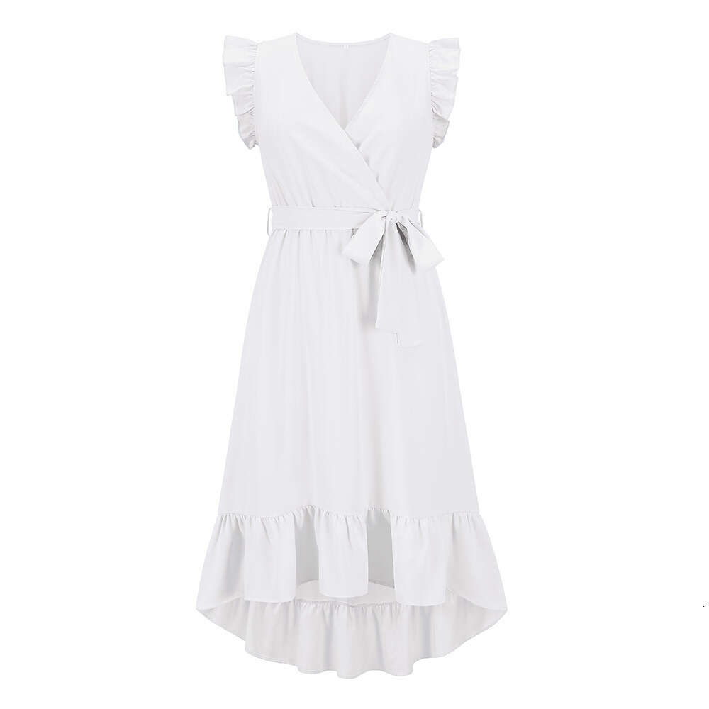 Sleeveless V-neck Chiffon Dress for Women's Summer 2024 New Collection Waist Length Irregular Skirt