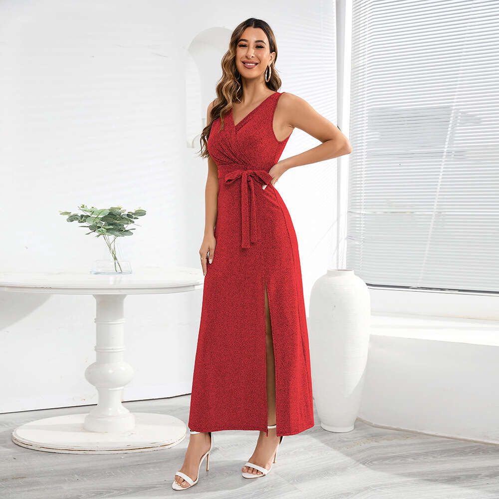 2024 Summer Sleeveless V-neck Shiny Brilliant Banquet Party Split Long Dress
