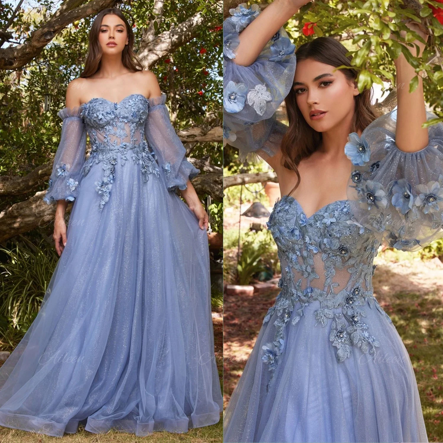 Vintage Long Formal Evening Dresses Women Off Shoulder Side High Split Sexy Simple Prom Party Gowns 3D Floral Appliques Green A Line Special Occasion 
