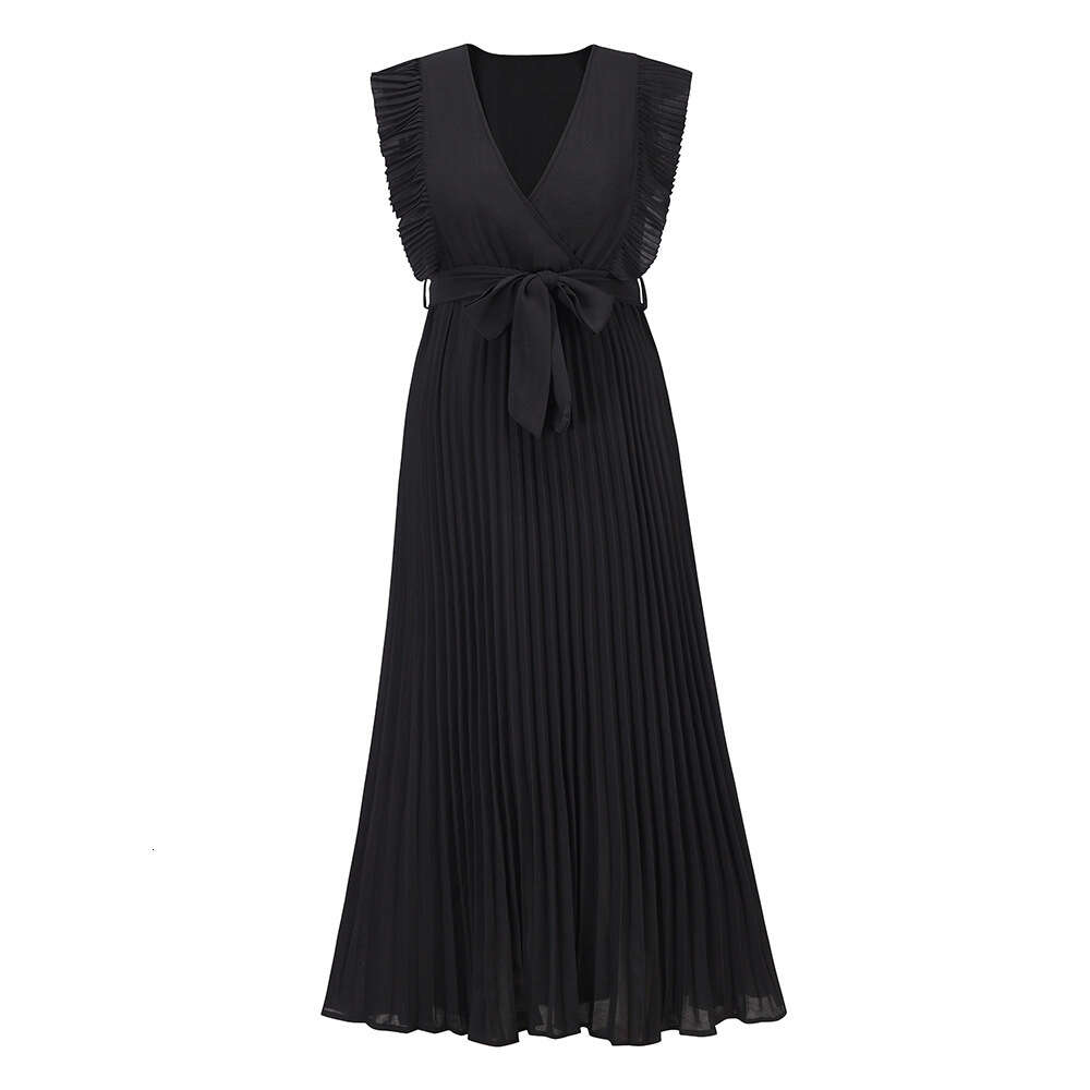 Temperament Beach Fashion Slim Fit Sexy Lotus Leaf Sleeves Chiffon Pleated Skirt Solid Color Dress