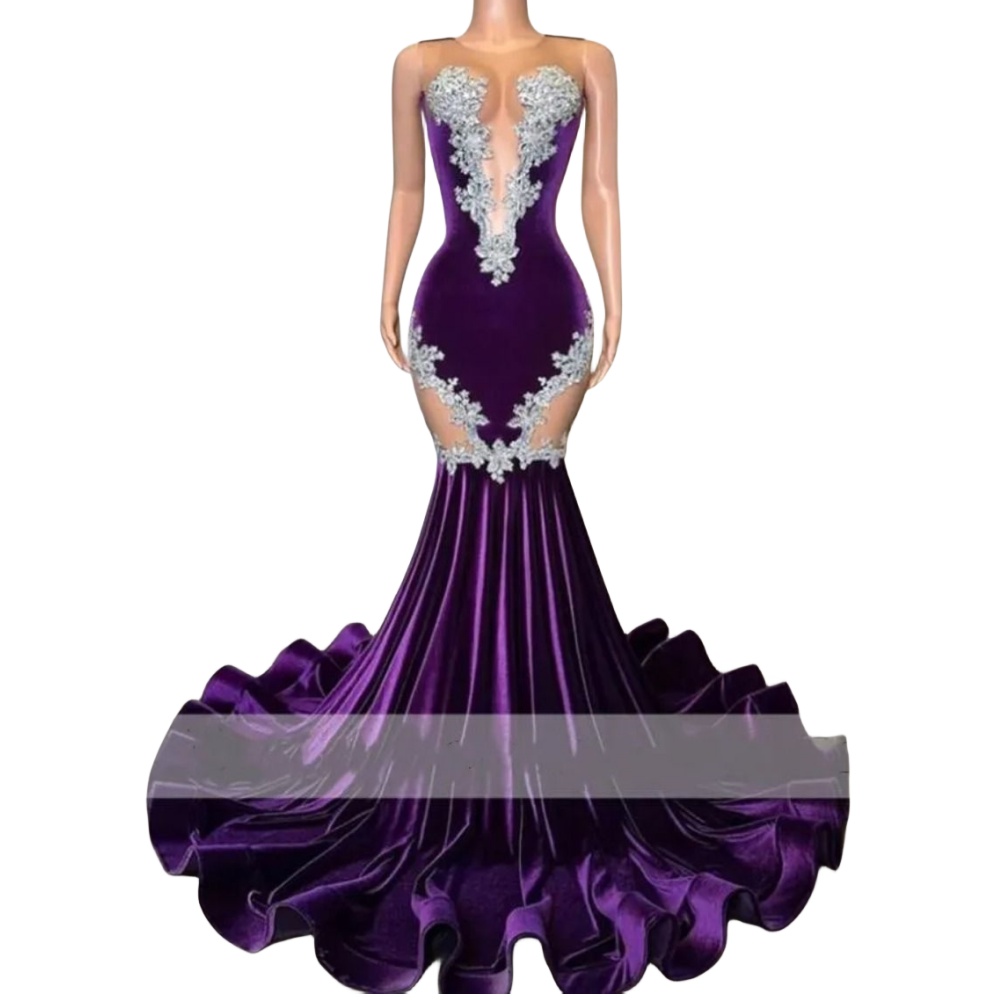 2024 Sexy Purple Dresses Jewel Neck Illusion Veet Mermaid Sleeveless Sier Lace Appliques Crystal Beads Evening Dress Prom Gowns Sweep Train 403 666031