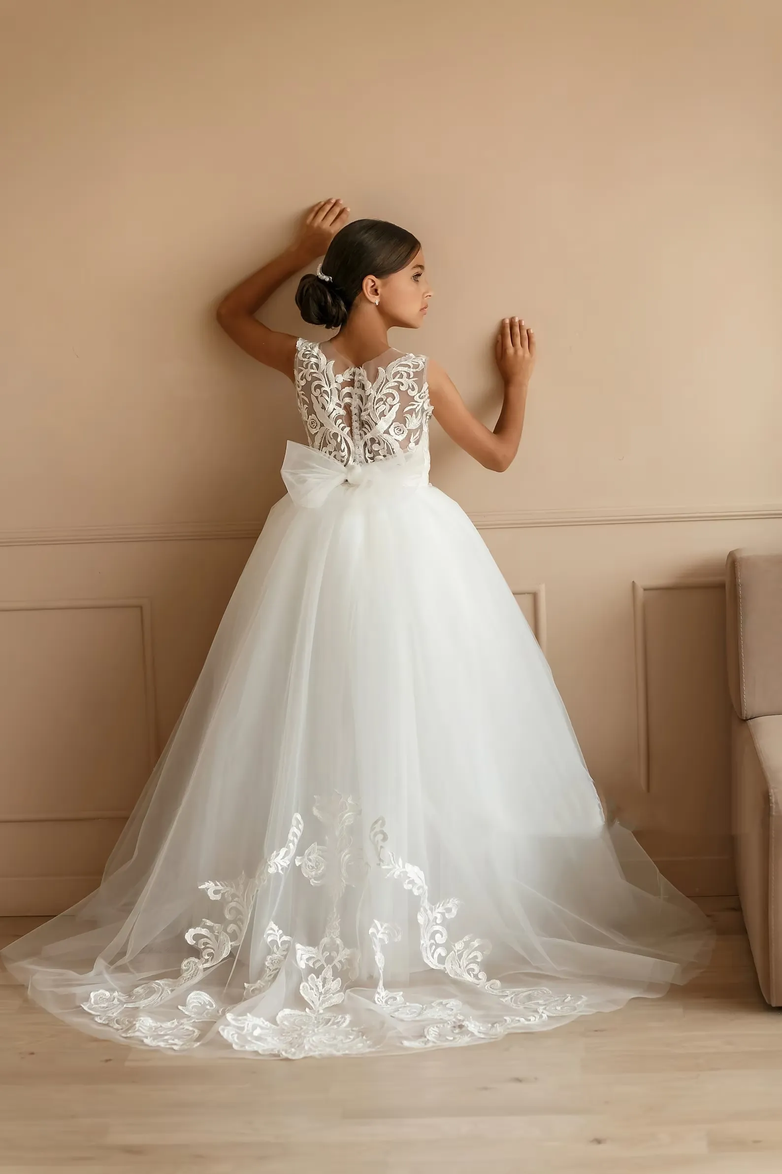 Boho Wer Girl Dress Tutu Ivory Tulle Lace Ballgown First Communion Gown Little Kid Infant Toddler Christening Baptism Junior Bridesmaid Wedding Guest 