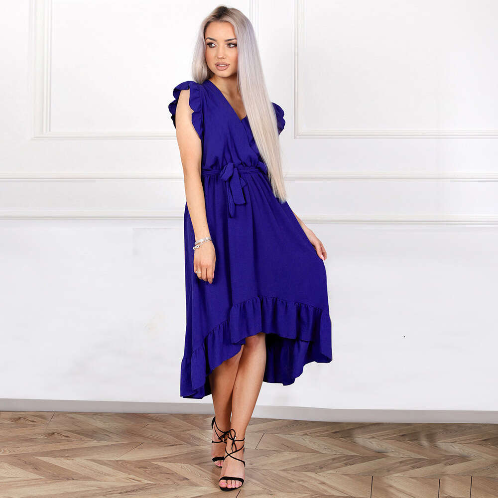 Sleeveless V-neck Chiffon Dress for Women's Summer 2024 New Collection Waist Length Irregular Skirt