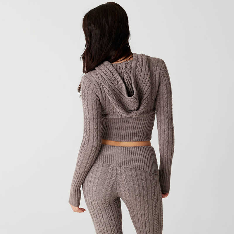2024 new sexy fashion long-sleeved hooded top straight trousers knit sweater set women Q240314