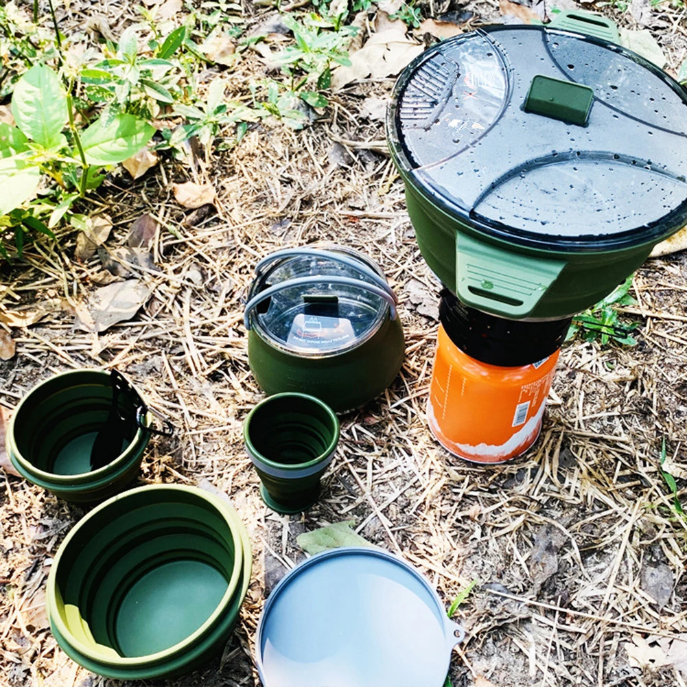 Foldable Portable Camping Cook Pot Saving Space Cookware Heat Resistant with Handle for Hiking Backpacking Tableware 240306