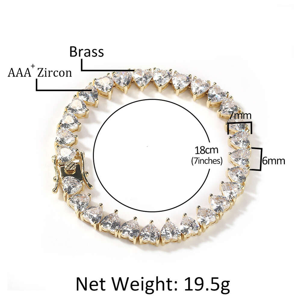 Ins Style Love Heart Shaped Tennis Chain Bracelet Prong Iced Out Cubic Zirconia Hip Hop Copper Bling Diamonds Bracelets Bangle Rapper Cz Stone Jewelry