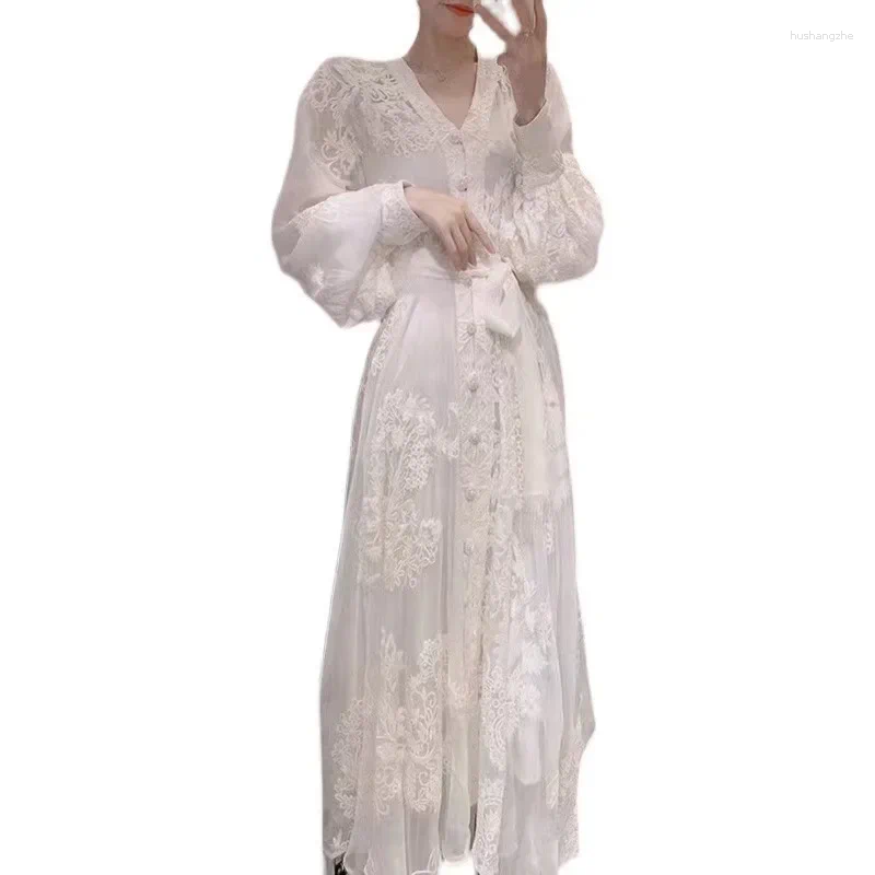 Casual Dresses Elegant High-Grade Long Lace Dress Woman 2024 Spring And Autumn White Lady Temperament Embroidery Vestidos