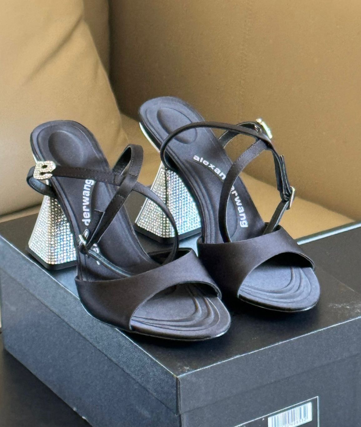 Italy Summer Brand Women Nala Stain Sandals Shoes Crystal Heels Black Lady Party Wedding Gladiator Sandalias EU35-43 With Box