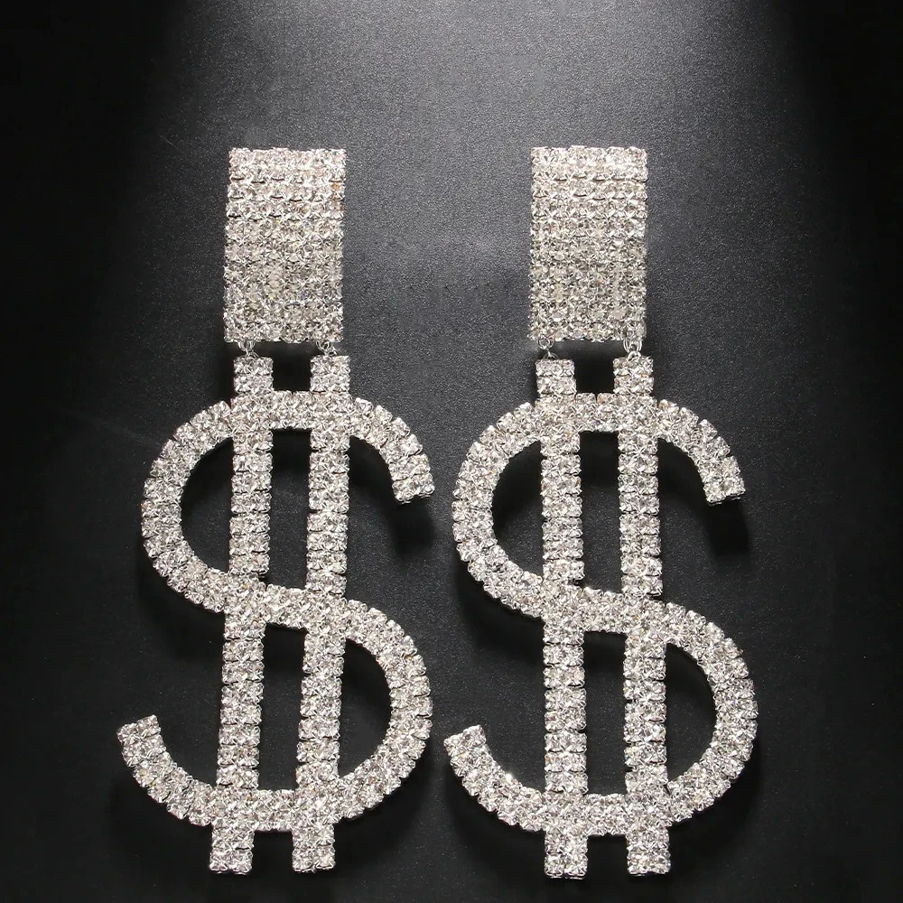Exaggerated Oversized Dollar Sign Big Pendant Drop Earrings Rings Set for Women Crystal Money Dangle Jewelry 240305
