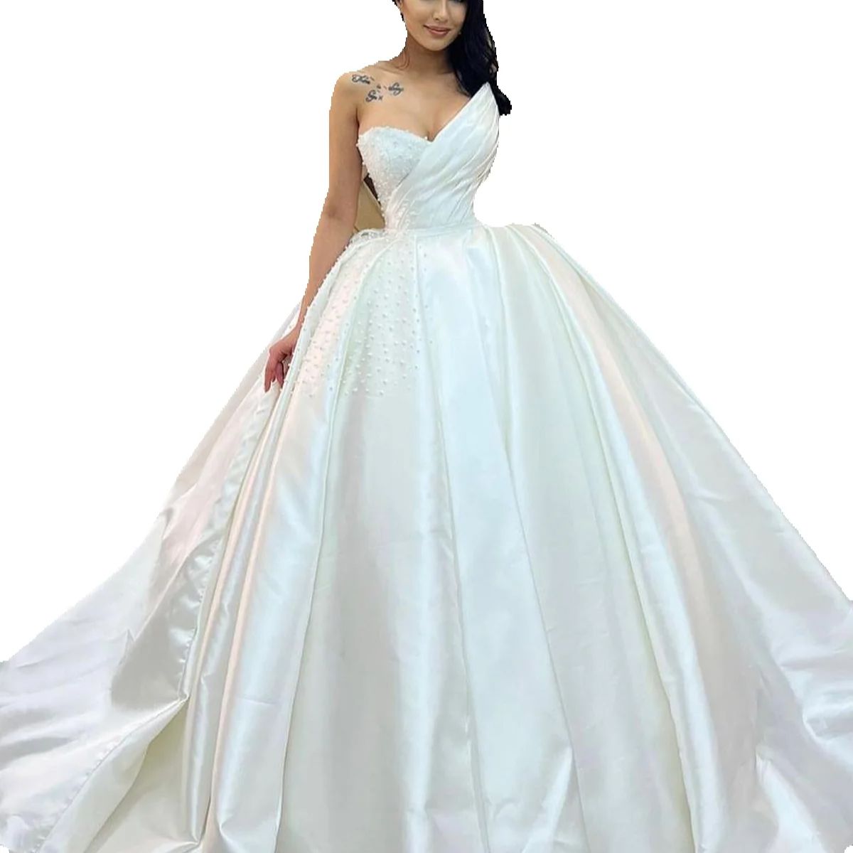 Elegant Ball Gown Wedding Dresses Princess Satin Pearls Beading V Neck Bridal Gowns Sweep Train Sequines Custom Made Bride Dress