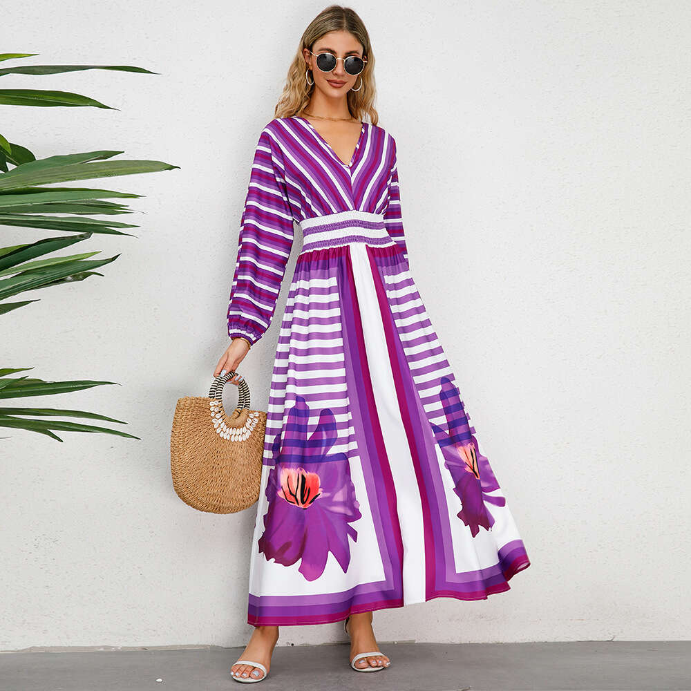 2024 New Women's Sleeved V-neck Large Swing A-line Printed Dress Slim Fit Long Skirt