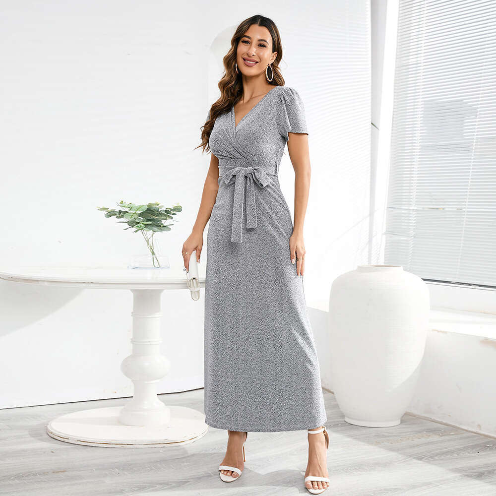 V-neck Slim Fit Long Party Shiny Lace Up Dress Women's Large Size Explosion