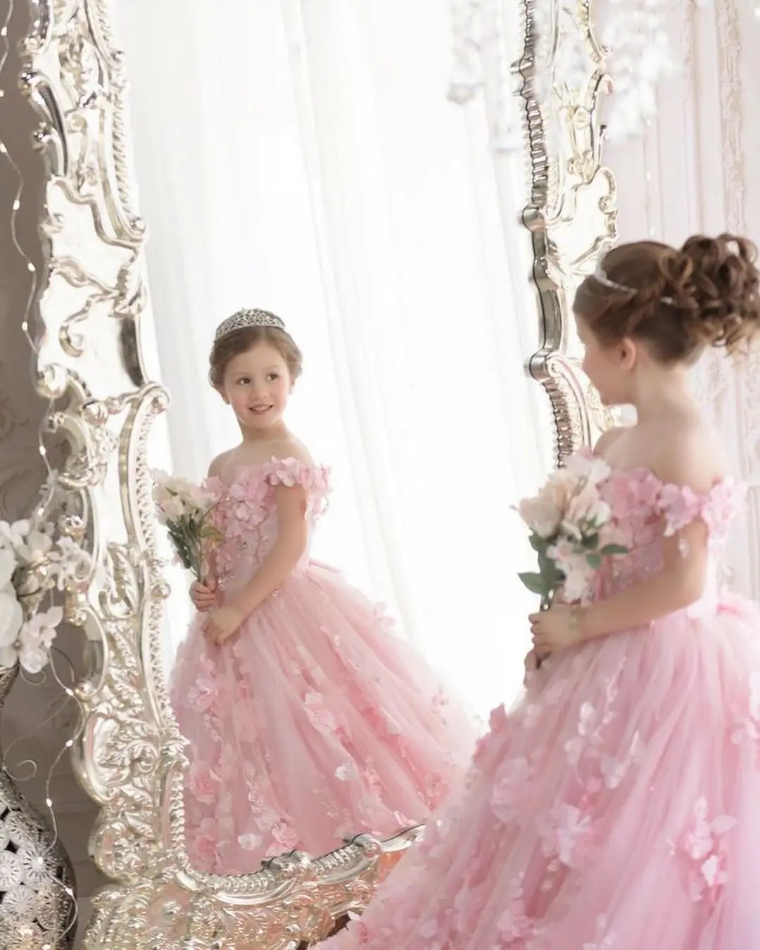 Cute Pink Flower Girl Dress Elegant Off Shoulder 3D Flora Appliques Ruffles Princess A Line Girls Pageant Dress Toddler Children Birthday Party Quince
