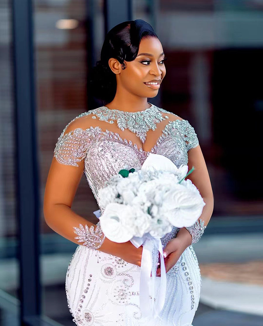 Ebi Arabic Aso Plus Size Mermaid White Wedding Dress For Bride Tiers Tulle Crystals Beaded Bridal Gowns Lz0304