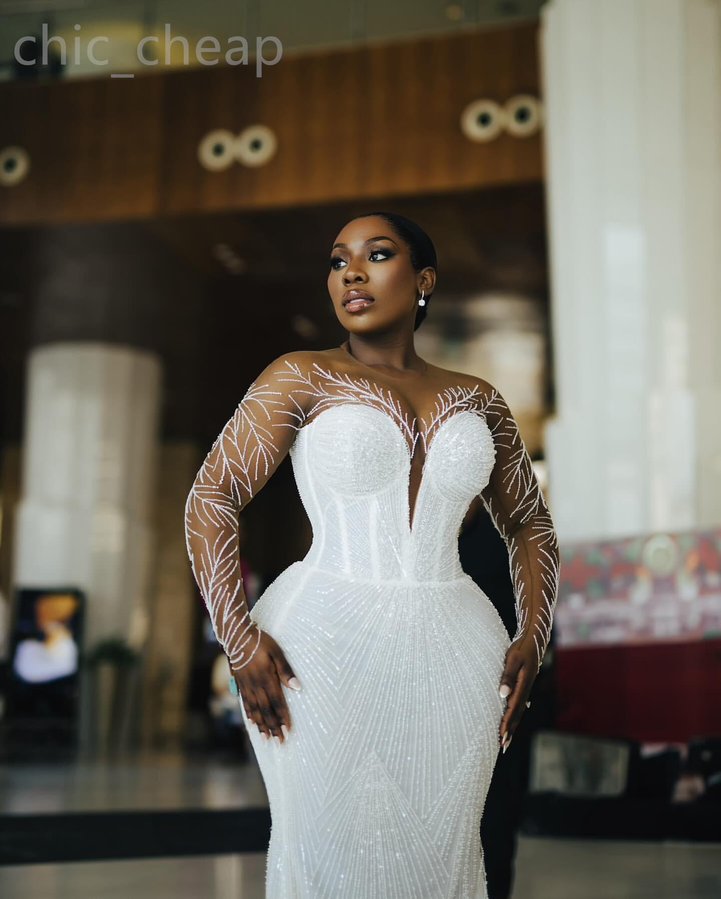 2024 Arabic Aso Ebi Plus Size White Mermaid Beaded Wedding Dress Sequined Lace Sheer Neck Bridal Gowns Dresses ZJ202