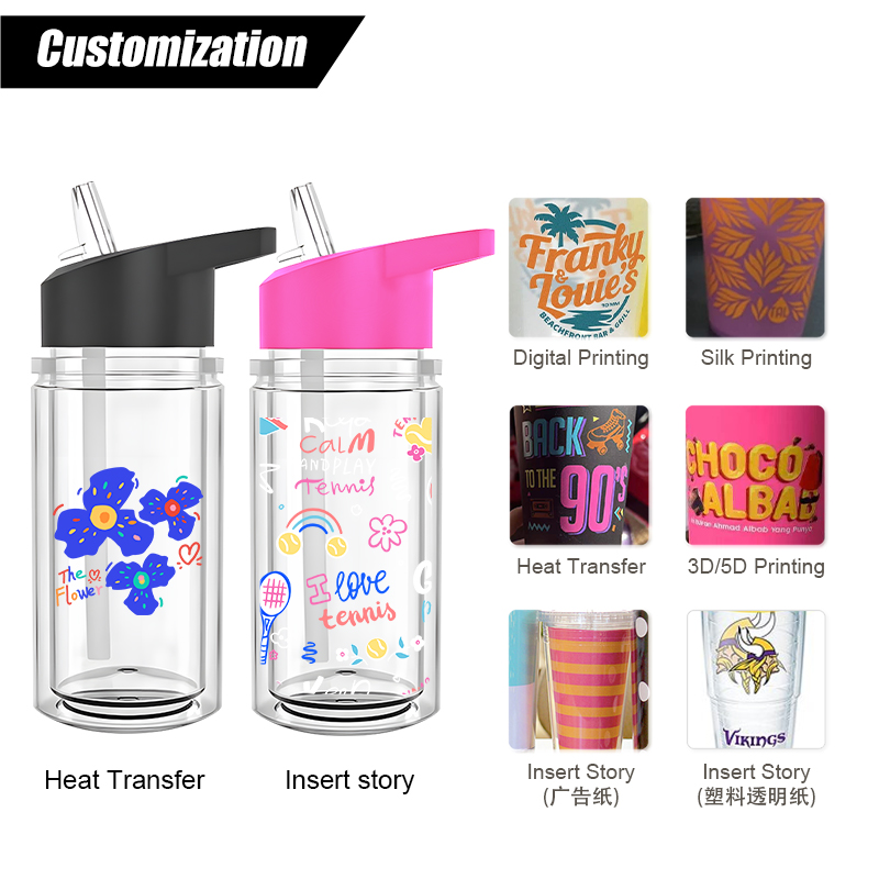 300ml Double-walled Plastic Water Cup with Handle Lid Summer Drinkware Mason Jar Juice Cup with Straw Z11