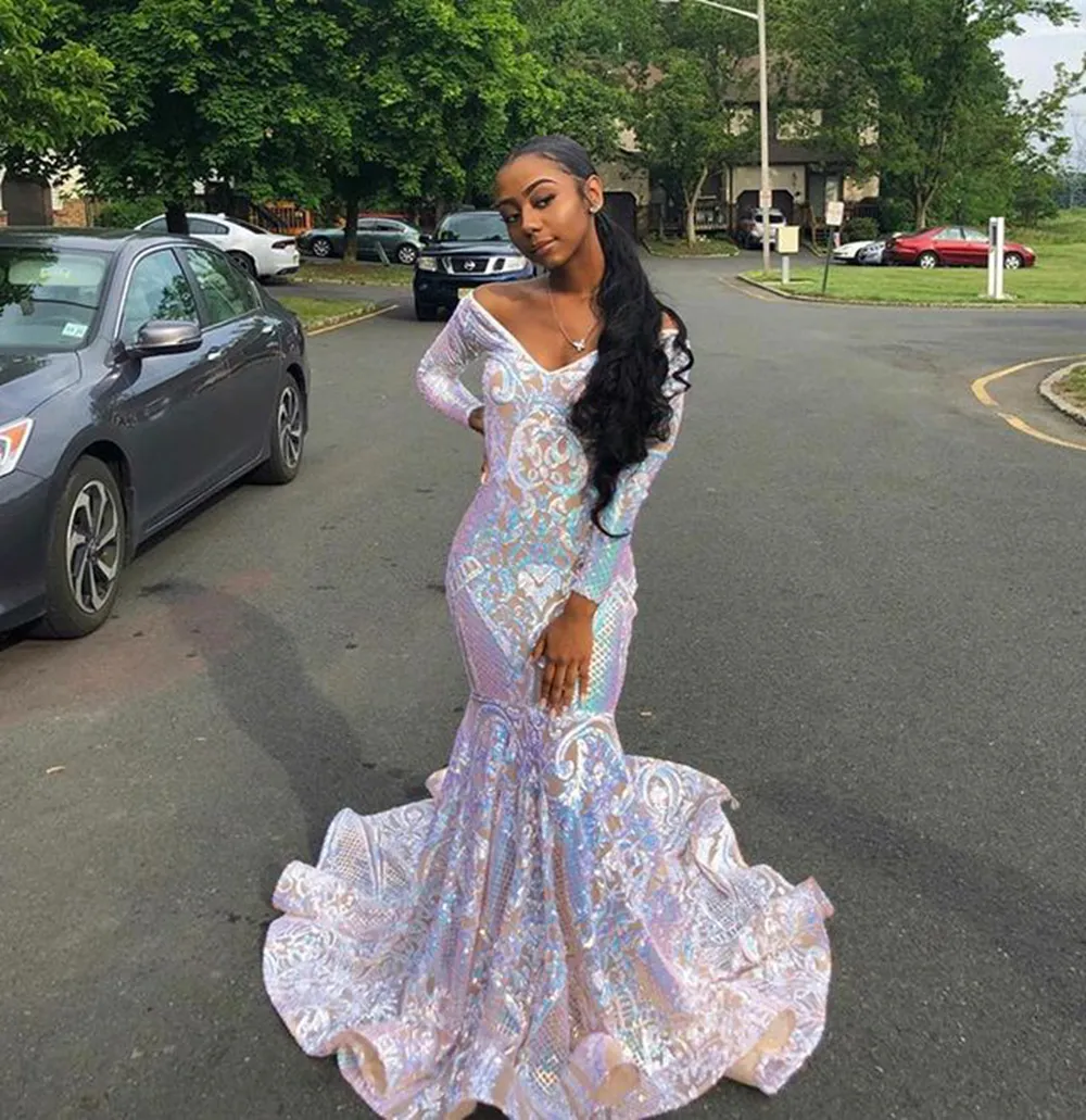 Dresses Sparkly Gala Sexy Mermaid Off The Shoulder Long Sleeves African Ladies Black Girl Sequin Prom