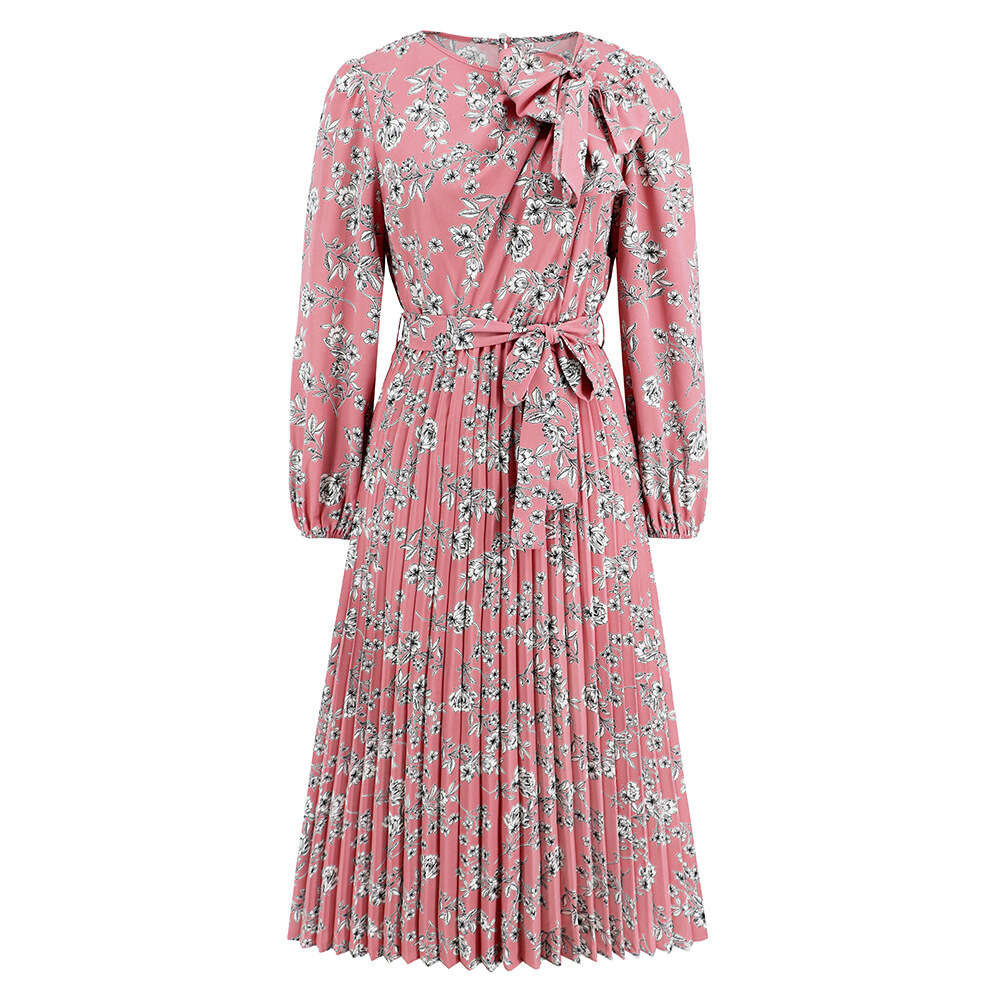 2024 Autumn New Women's Mid Length Pleated Long Sleeve Fragmented Flower Bow Tie Dress