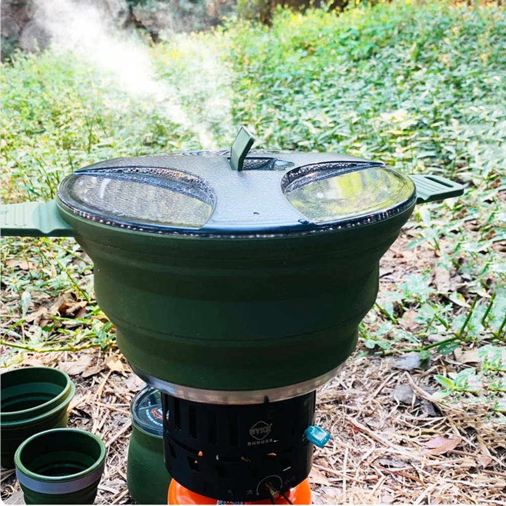 Foldable Portable Camping Cook Pot Saving Space Cookware Heat Resistant with Handle for Hiking Backpacking Tableware 240306