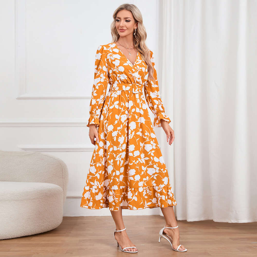 Dopamine V-neck Printed Dress with Hem and Waistband for Women in Large Size