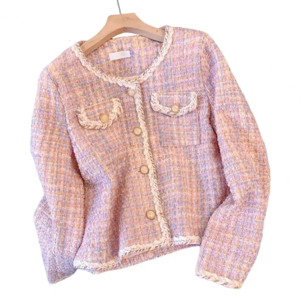 Women Fall Winter Coat Singlebreasted Thick Warm Long Sleeves Plaid Tweed Lady Spring Jacket Outwear 240307