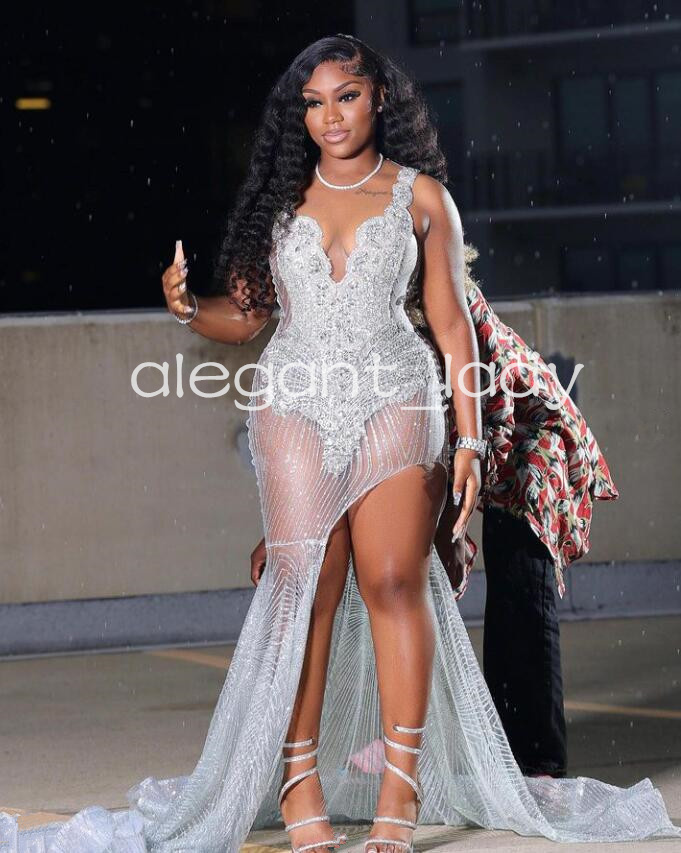 Silver Diamond Ivy Long Evening Formal Dresses for Black Girl 2024 Sparkly See Through Crystal Prom Gown vestidos para mujer