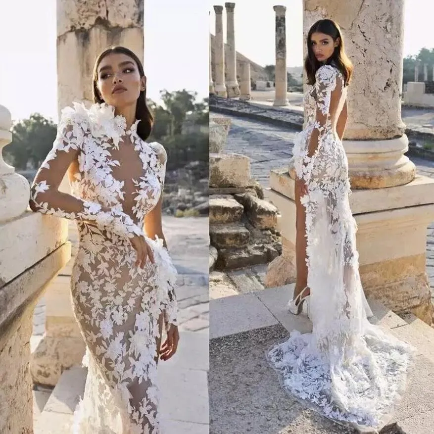 Mermaid Wedding Arabia Berta High Collar Side Slit Illusion Lace Appliques Long Sleeve Sweep Train Boho Bridal Gown Dress