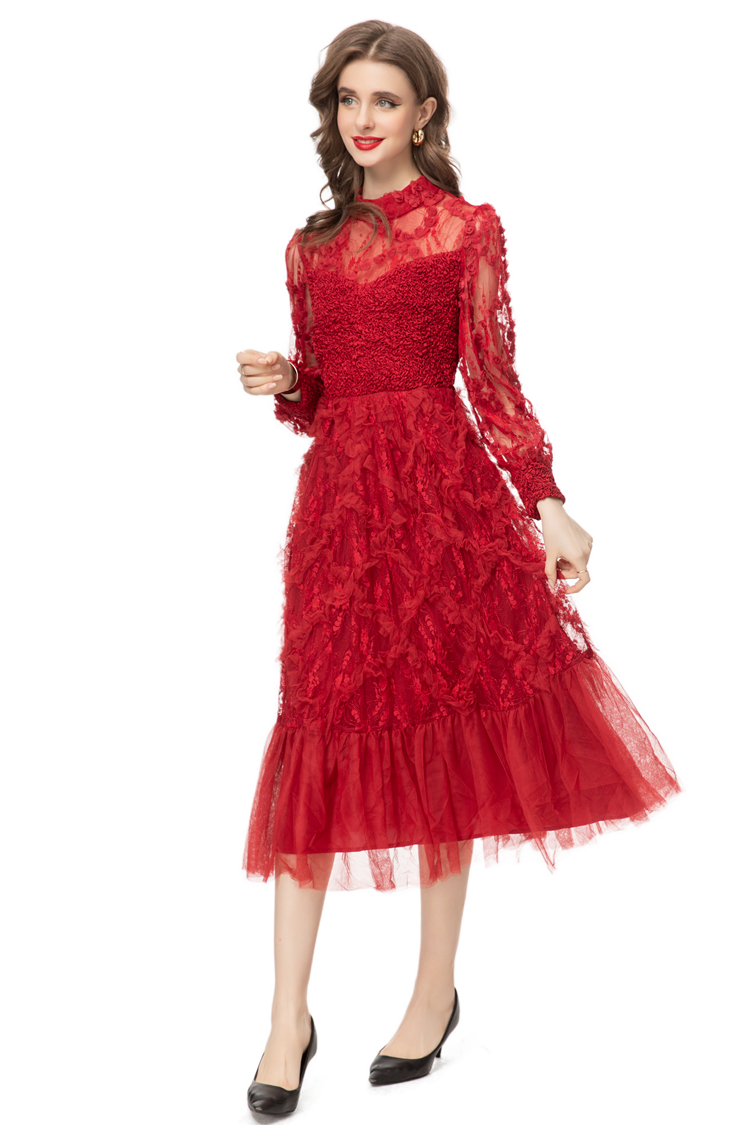 Women's Runway Dresses O Neck Long Sleeves Ruched Ruffles Appliques Fashion Elegant Mid Vestidos