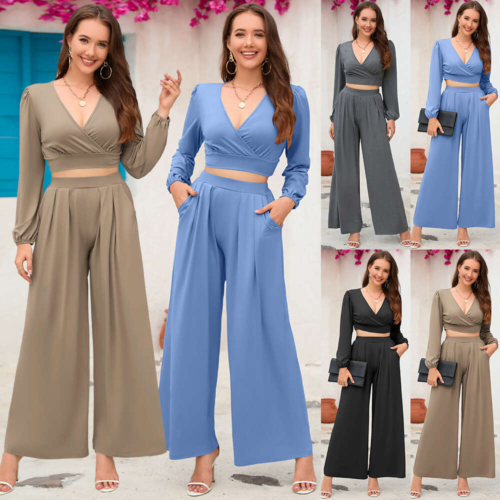 2024 Autumn/winter New Women's V-neck Long Sleeve Short Top+straight Leg Pants Two Piece Set Large