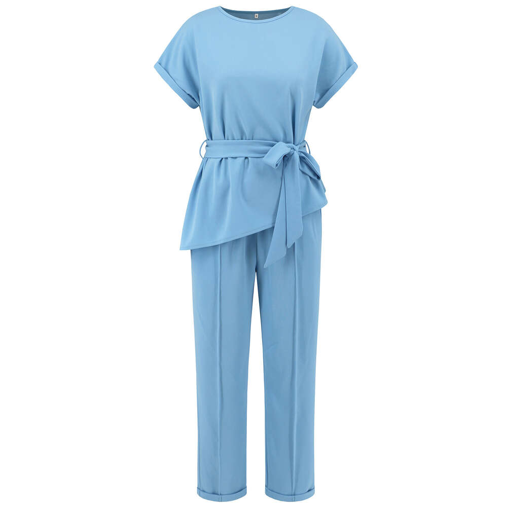 Women's Round Neck Slanted Edge Suit Belt Top Small Leg Fashion Casual Long Pants Set