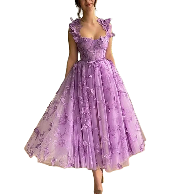 Elegant Ankle Length A Line Butterfly Lace Prom Dresses Straps Sweetheart Neck Lilac Special Occasion Gown 2024 Graduation Birthday Party Dress for Wo