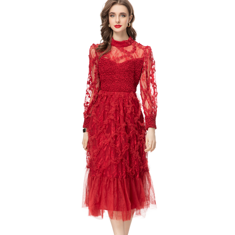 Women's Runway Dresses O Neck Long Sleeves Ruched Ruffles Appliques Fashion Elegant Mid Vestidos