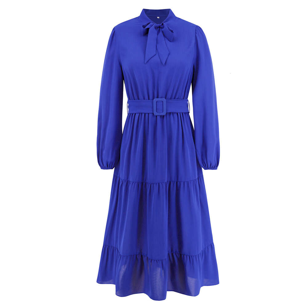 Elegant and Slim Fitting Temperament, Tie Up Collar Dress, Layered Cake A-line Skirt