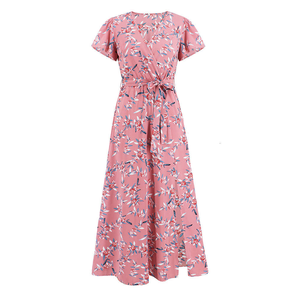 Sexy Bohemian V-neck Floral Slit Skirt 2024 Summer Women's Oversized Chiffon Dress