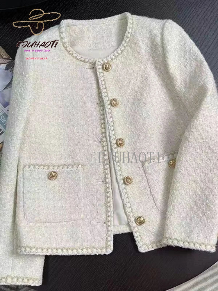 Womens Jacket Small Fragrance Coat Autumn Winter Korean Fashion Off White French Short Style Tweed Tops 240307