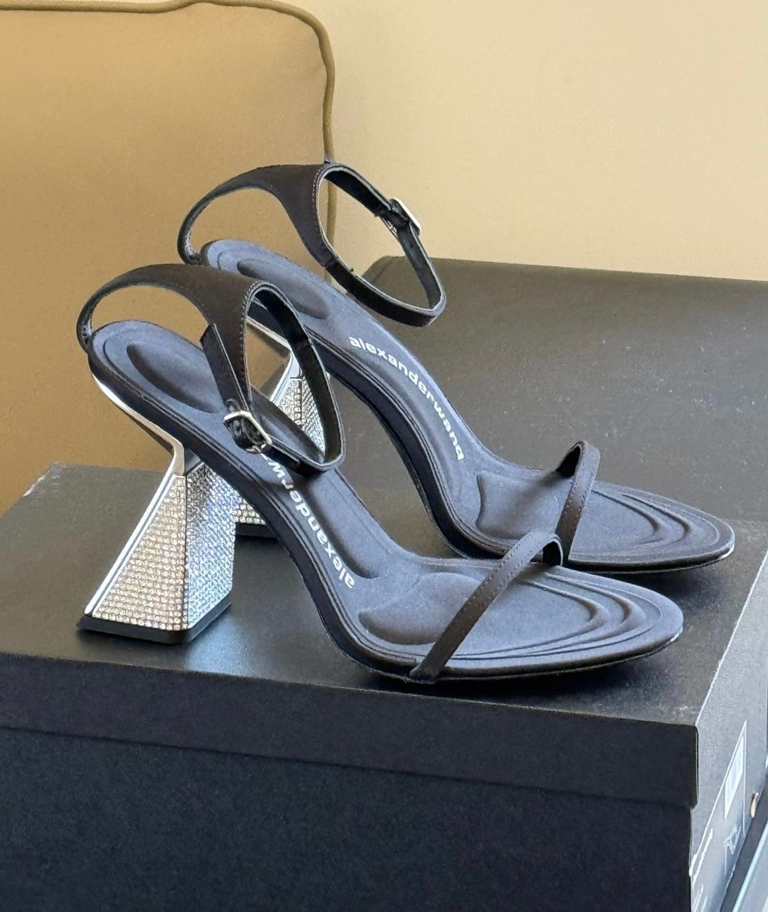 Italy Summer Brand Women Nala Stain Sandals Shoes Crystal Heels Black Lady Party Wedding Gladiator Sandalias EU35-43 With Box