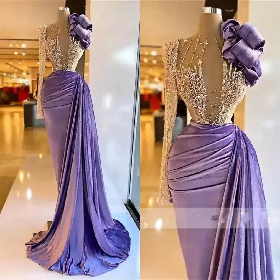 Veet One Shoulder Prom Evening Dresses Beaded Ruffles Formal Dress For Women Elegant Mermaid Pleats Robe De Bc14029