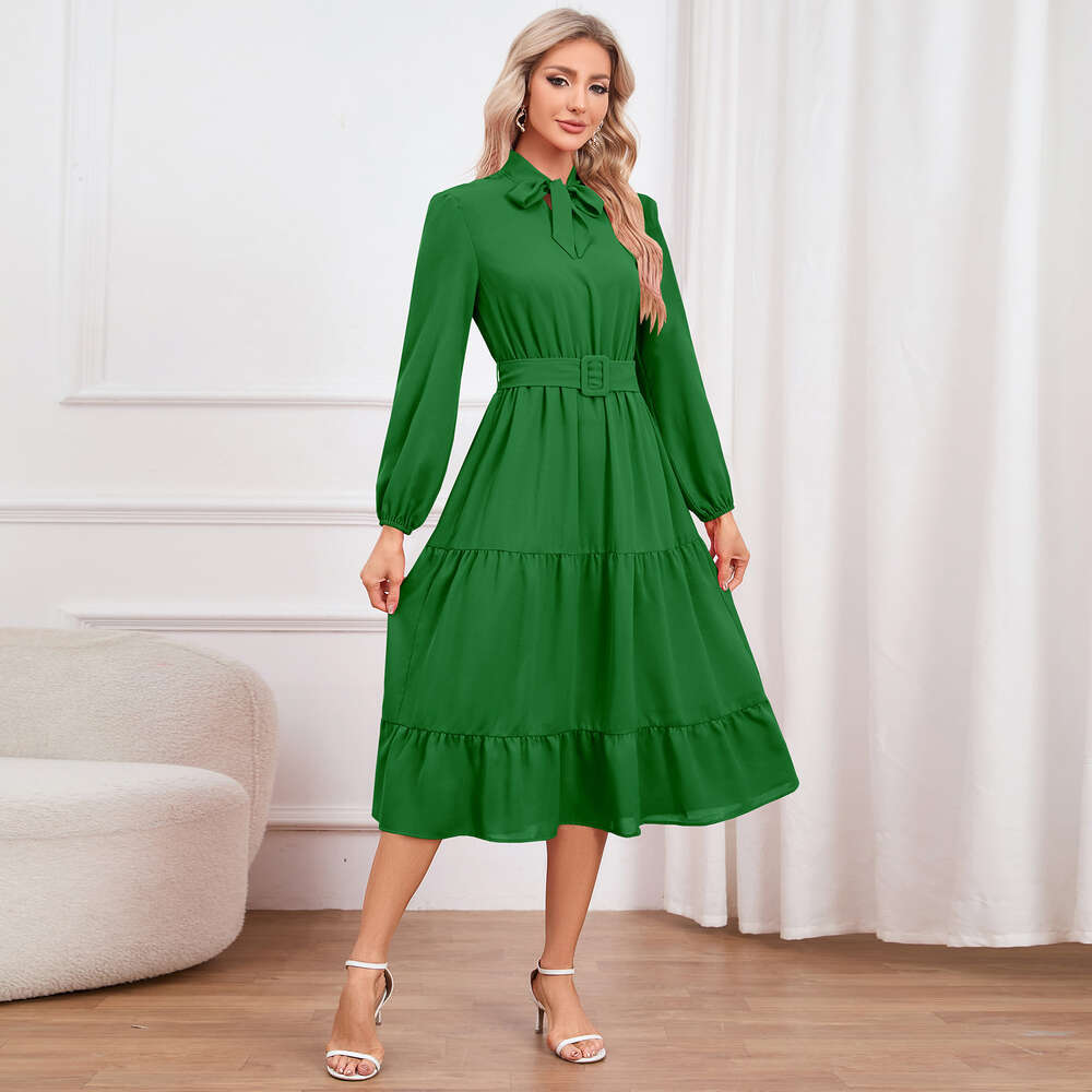 Elegant and Slim Fitting Temperament, Tie Up Collar Dress, Layered Cake A-line Skirt